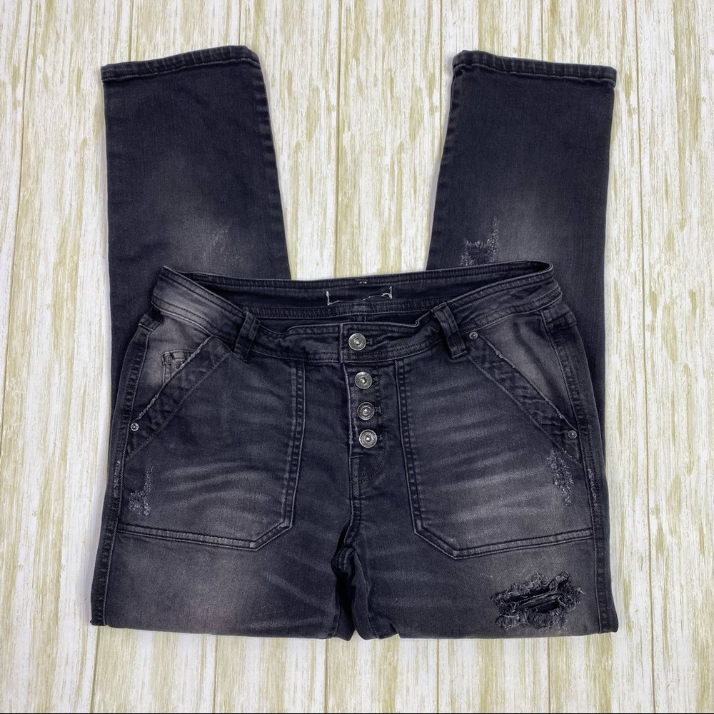 Free People Black Distressed Button Fly Denim Jeans